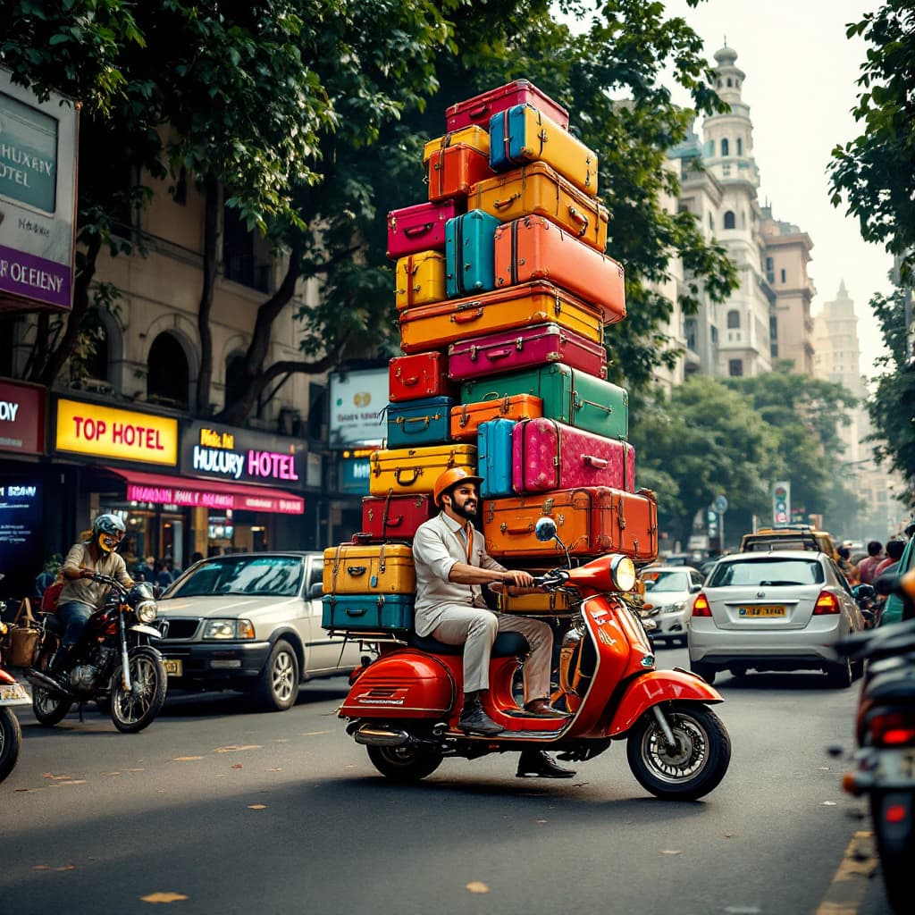 AI generated: a witty image that symbolizes the delivery service of a top luxury hotel, a side image of a hotel se...