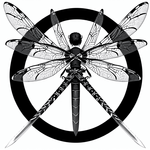 AI generated: A black and white sword tattoo design of a medieval sword with dragonfly wings, include just a singu...