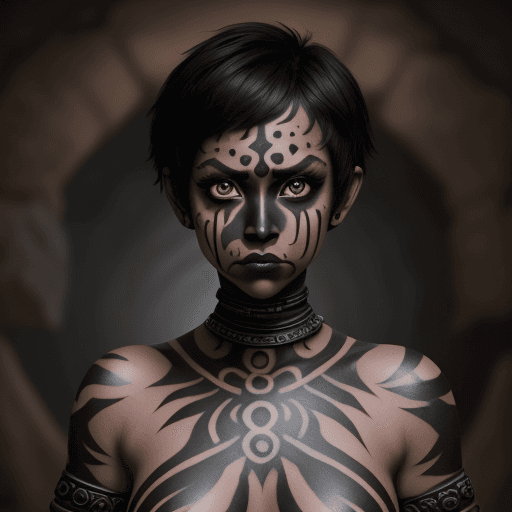 AI generated: warrior princess in a dschungle, with black face paint, black short hair, brown big eyes,  a masterp...