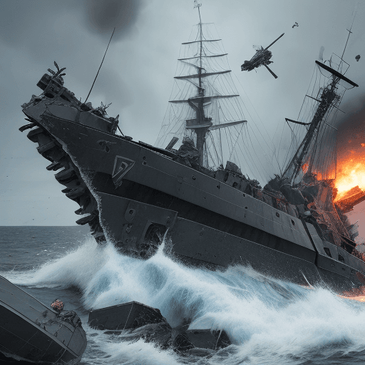 AI generated: Ukrainian penguin partisan destroy a russian warship, artwork, 8k
