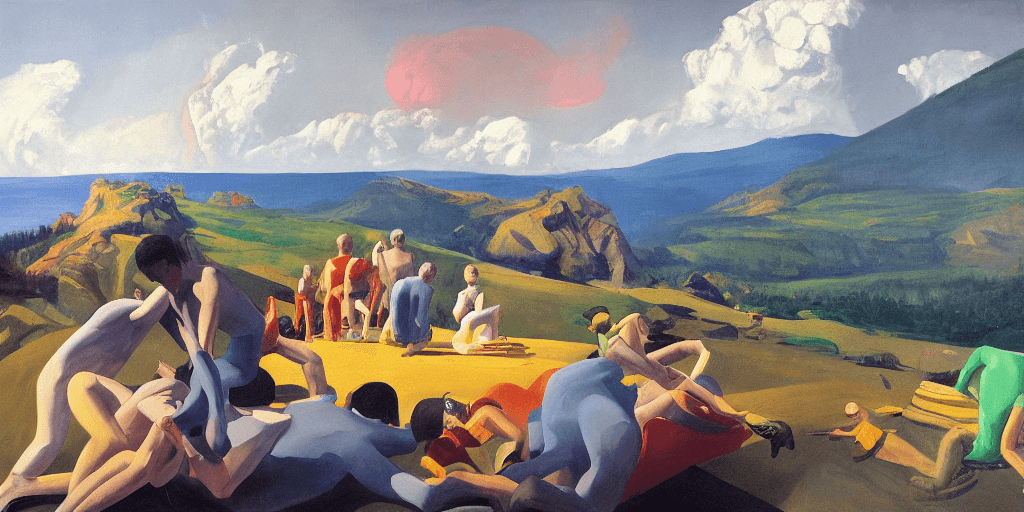 AI generated: epic view, epic scene, oil painting, neo rauch, david hockney, edward hopper
