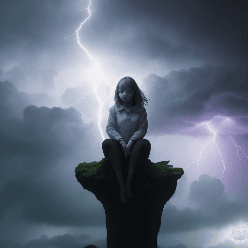 AI generated: isolated centered composition, girl sits on top of stormy colorful cloud, colorful cloud shaped like...
