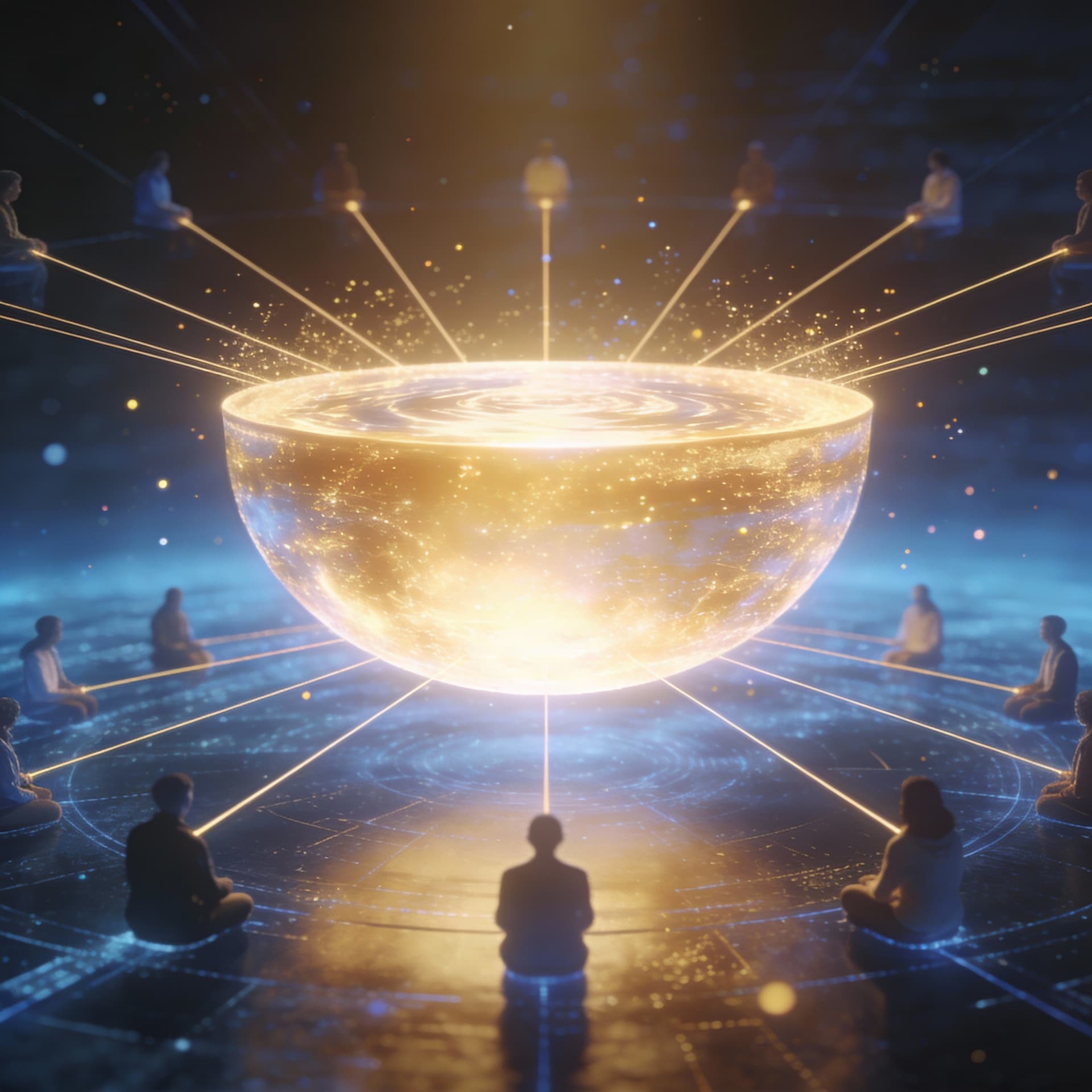 AI generated: A massive glowing reservoir of light suspended in digital space, representing collective value. As u...