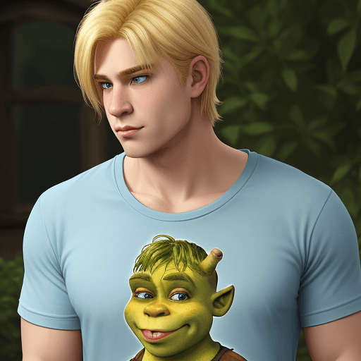 AI generated: Shrek with blond hair
blue t- shirt