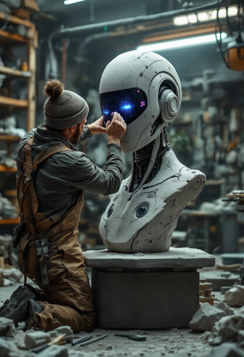 AI generated: A highly detailed cinematic shot capturing a human sculptor from the knees up, skillfully carving a ...