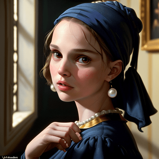 AI generated: Natalie Portman, Mathilda Lando in the professional as girl with pearl earring painting by Vermeer, ...