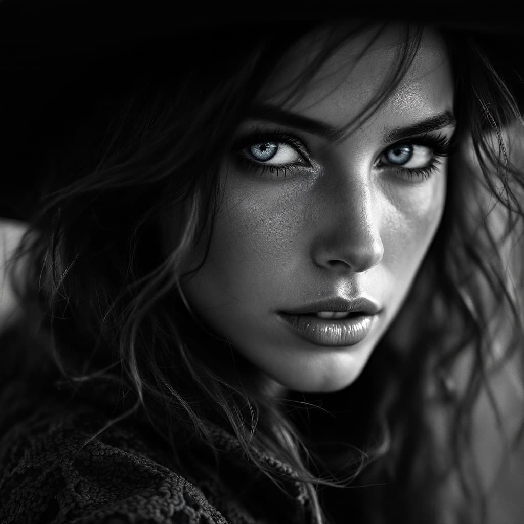 AI generated: black and white photograph of a woman, in the style of intense gaze, hauntingly beautiful, richly la...