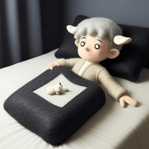 AI generated: a boy in wool felt, cartoon style, cant sleep, lying on the bed, patchwork quilt , dark room, on the...