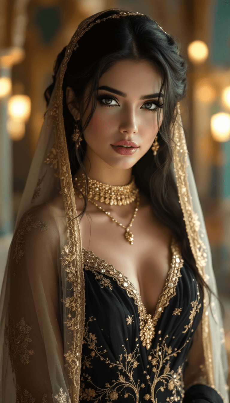 AI generated: /imagine prompt: An incredibly beautiful Arabian woman with striking black eyes and long dark hair, ...