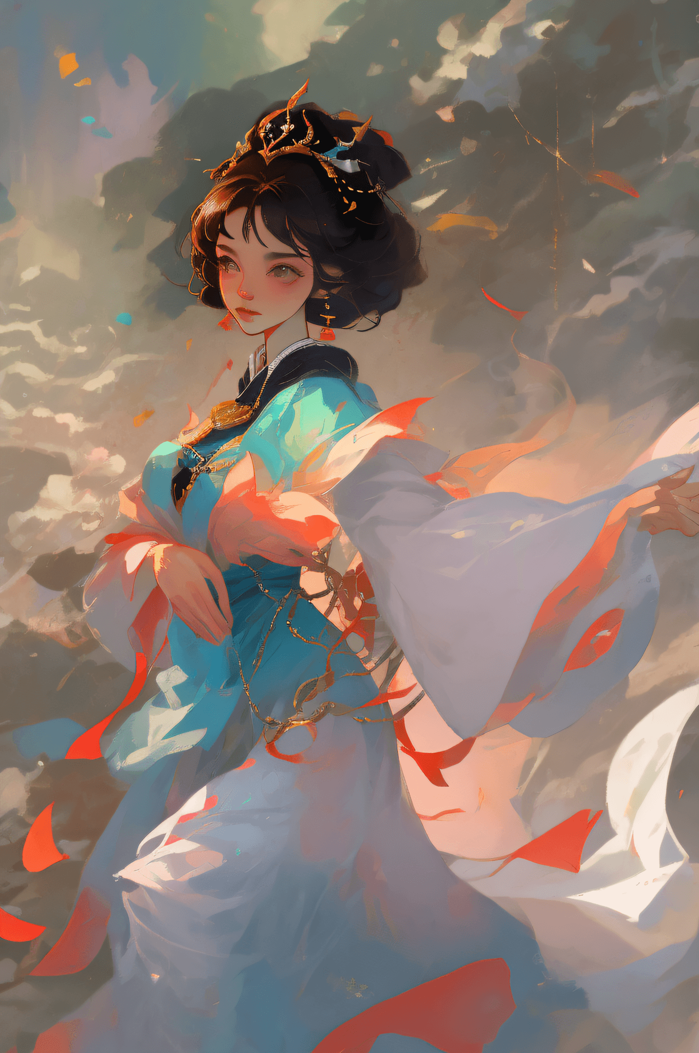 AI generated: A beautiful girl, turquoise dress, sitting on a big lotus leaf, sunlight, clear face, beautiful hand...