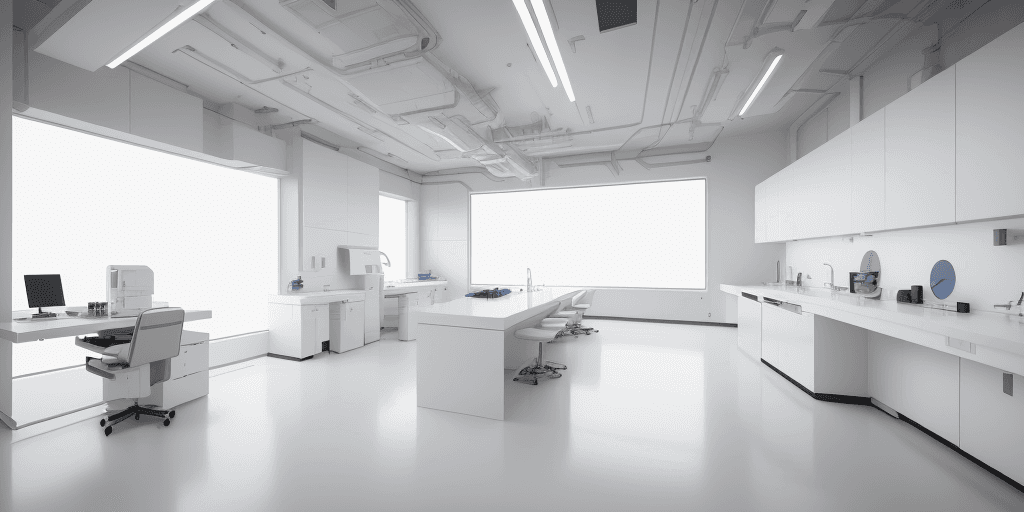 AI generated: white laboratory, high-tech laboratory, futuristic design style, (sci-fi:2)-like interior space,, wi...