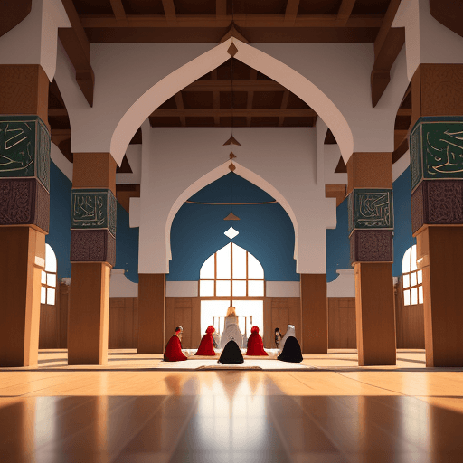 AI generated: Disney art, Muslim people worshiping, in a mosque with the words "masjid pingit", beautiful TRADITIO...