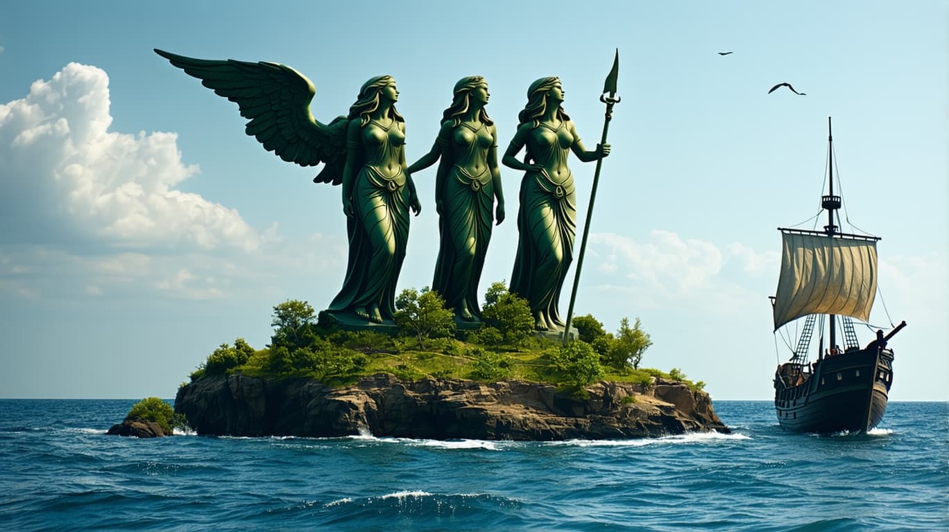 AI generated: An island of three female sirens singing a song to lure a passing sailor ship. The ship will have a ...