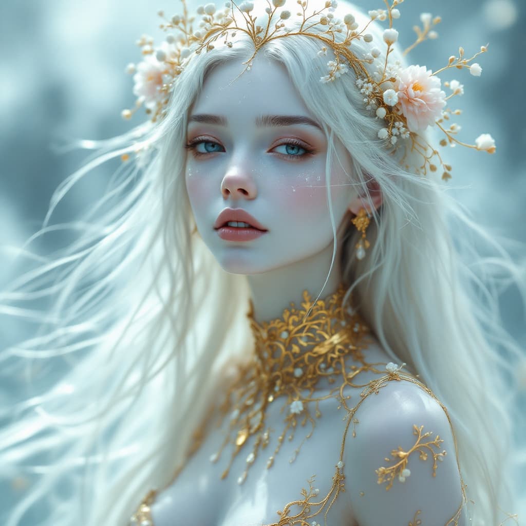 AI generated: A beautiful ethereal creature with long flowing white hair and delicate features is adorned with int...