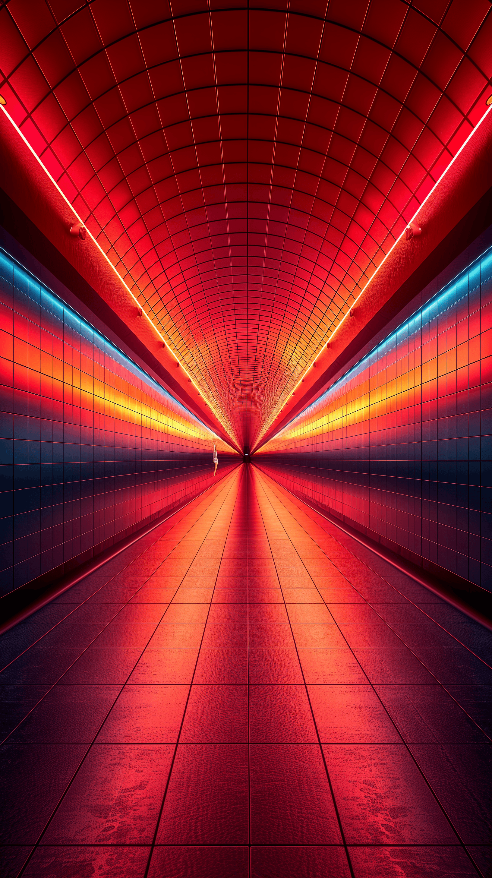 AI generated: architectural photography, perspective, interior, vertical light panels transition from red to acid ...