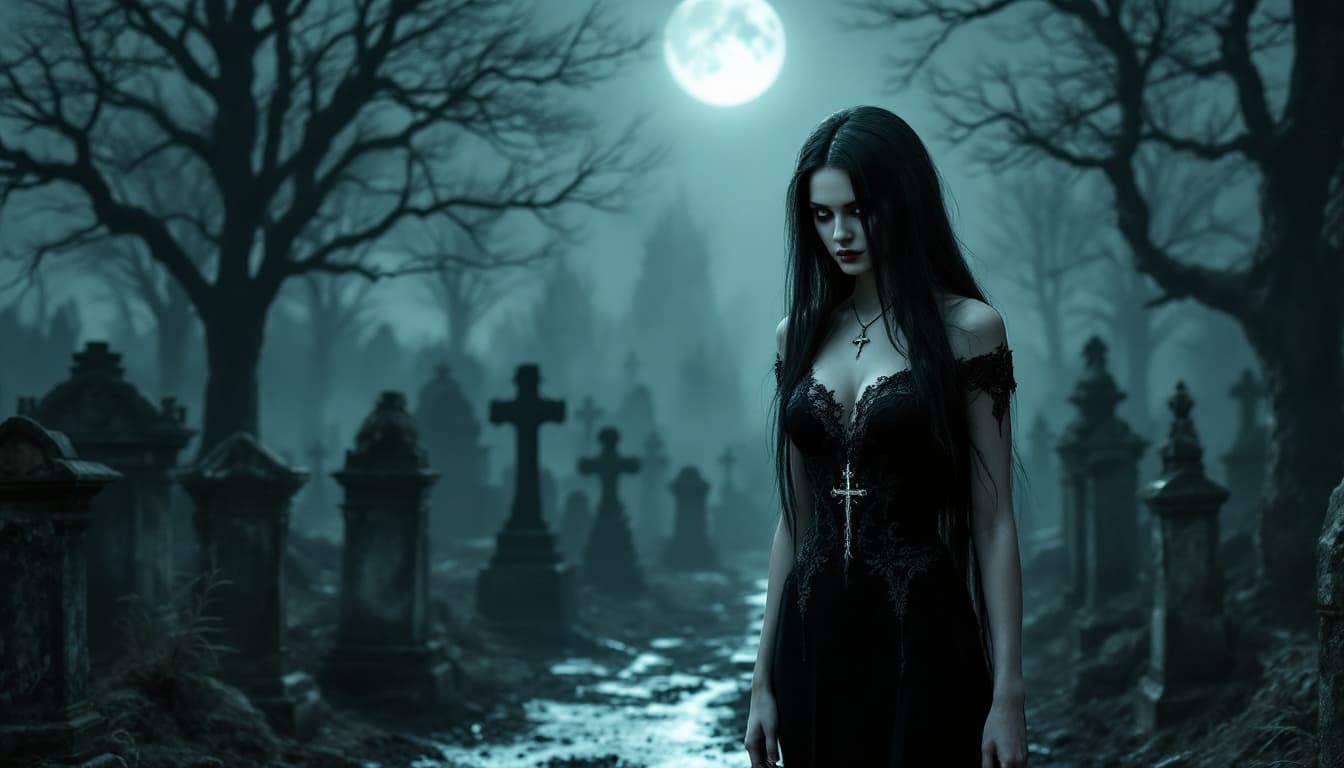 AI generated: a haunting graveyard scene at night, with a full moon casting an eerie glow. The woman stands in the...