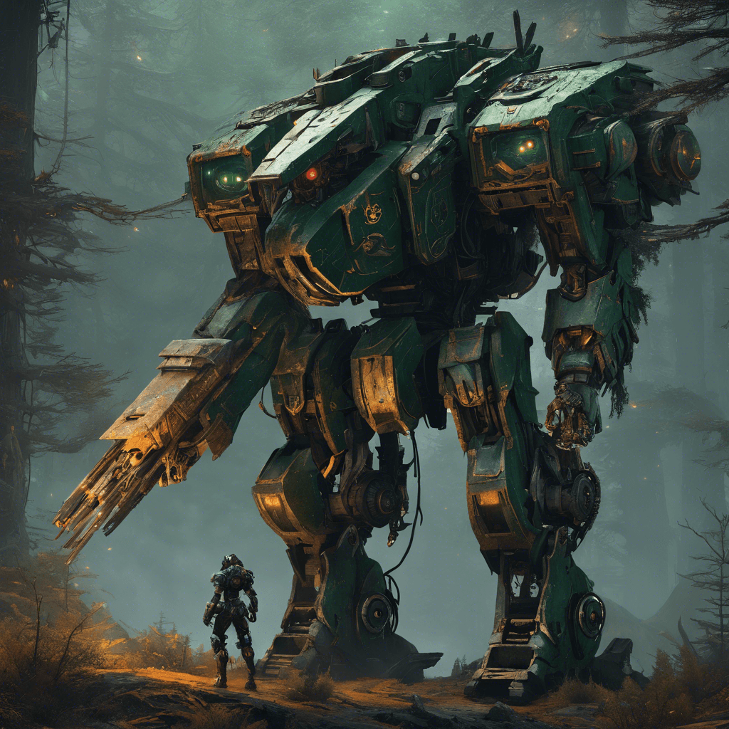 AI generated: large rusty walking mech covered in dark green armor with elden ring and warhammer 40k and horizon z...