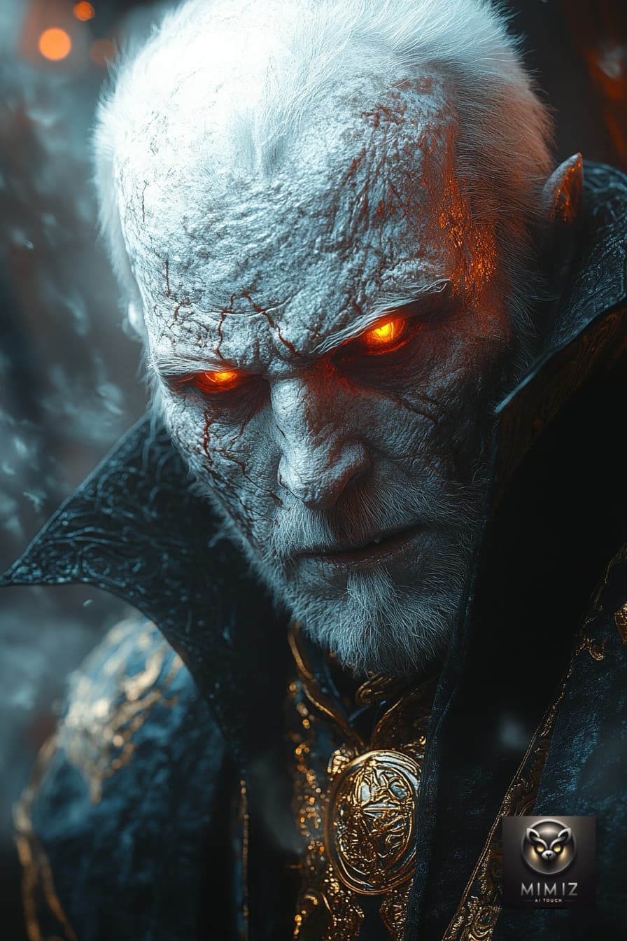 AI generated: MidJourney 
vampire lord attacking, pale cracked skin, glowing amber eyes, sharp fangs, ornate dark ...