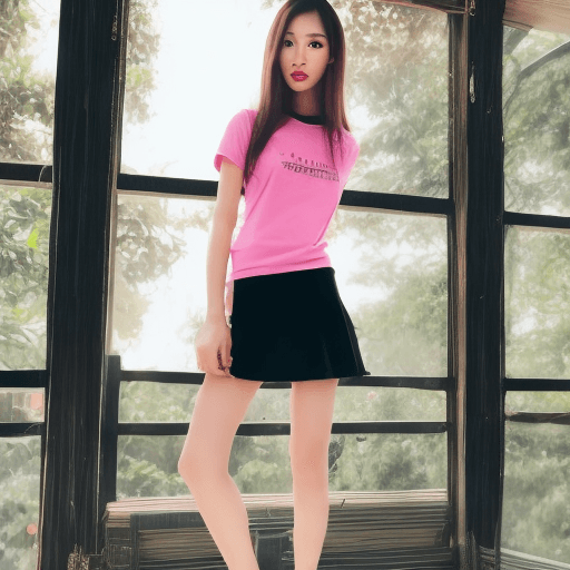 AI generated: female,Thailand, fashion model,long yellow hair, tall, muscle,bluw t-shirt,pink skirt, full body