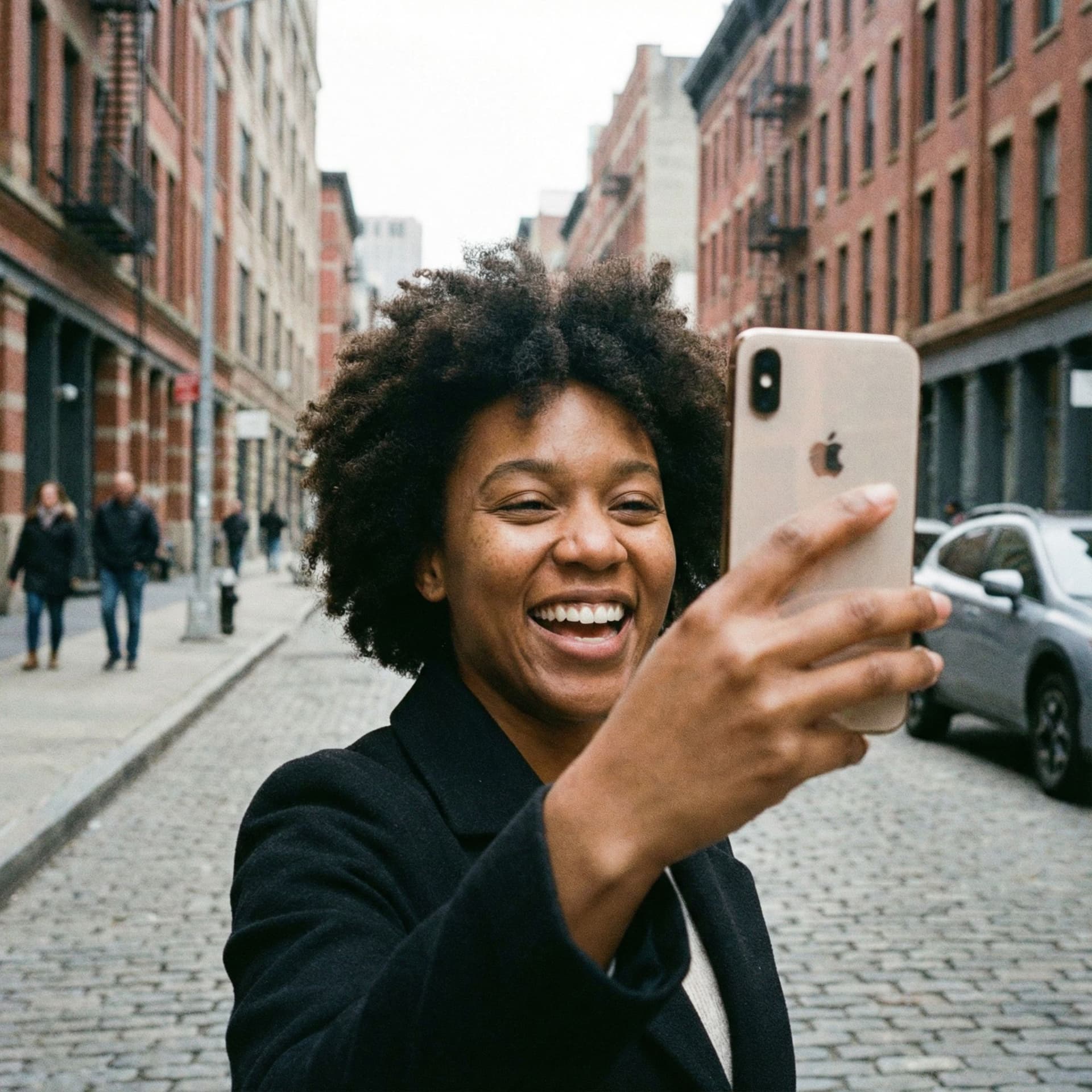 AI generated: A natural iPhone selfie in the middle of the street, soft daylight, realistic skin tones, slightly b...