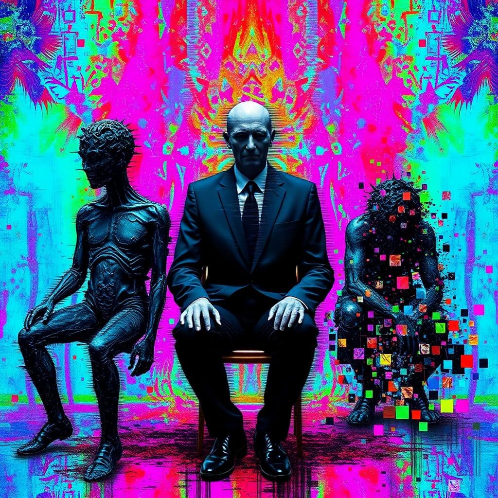 AI generated: A surreal, abstract artwork with a heavy emphasis on glitch aesthetics. Three distorted figures domi...