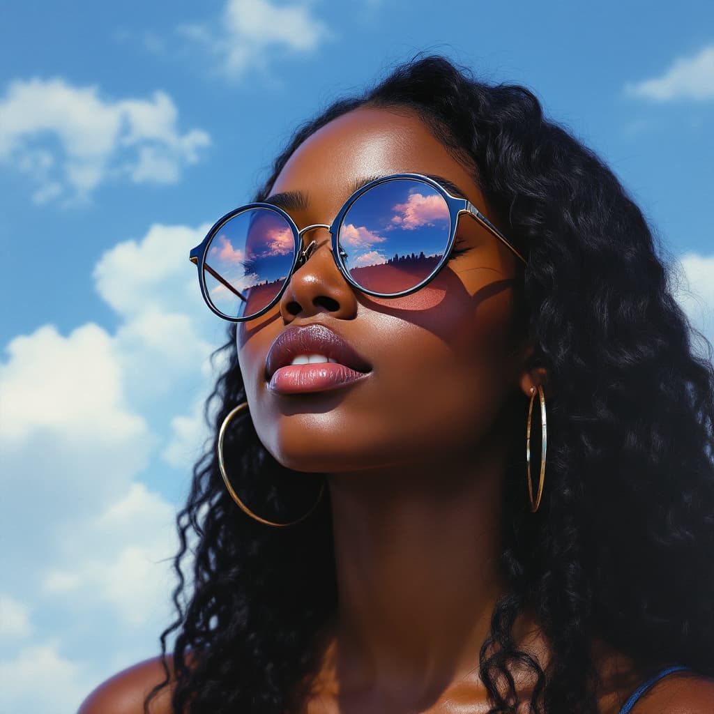 AI generated: portrait of a young african woman with black long curvy hair wearing round glasses, a blue sky and c...