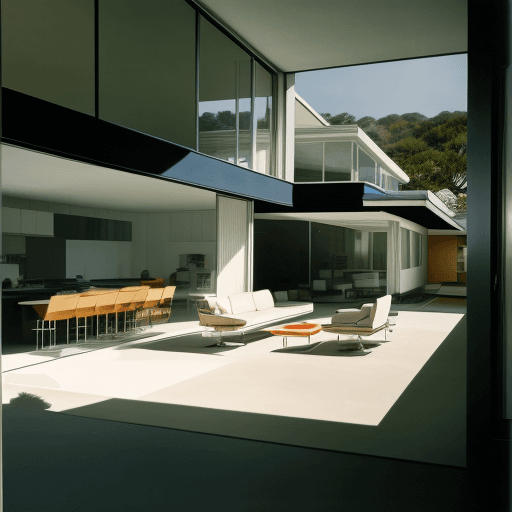 AI generated: Hyper realistic eye level exterior photo of a mid century modern style house overlooking the ocean, ...