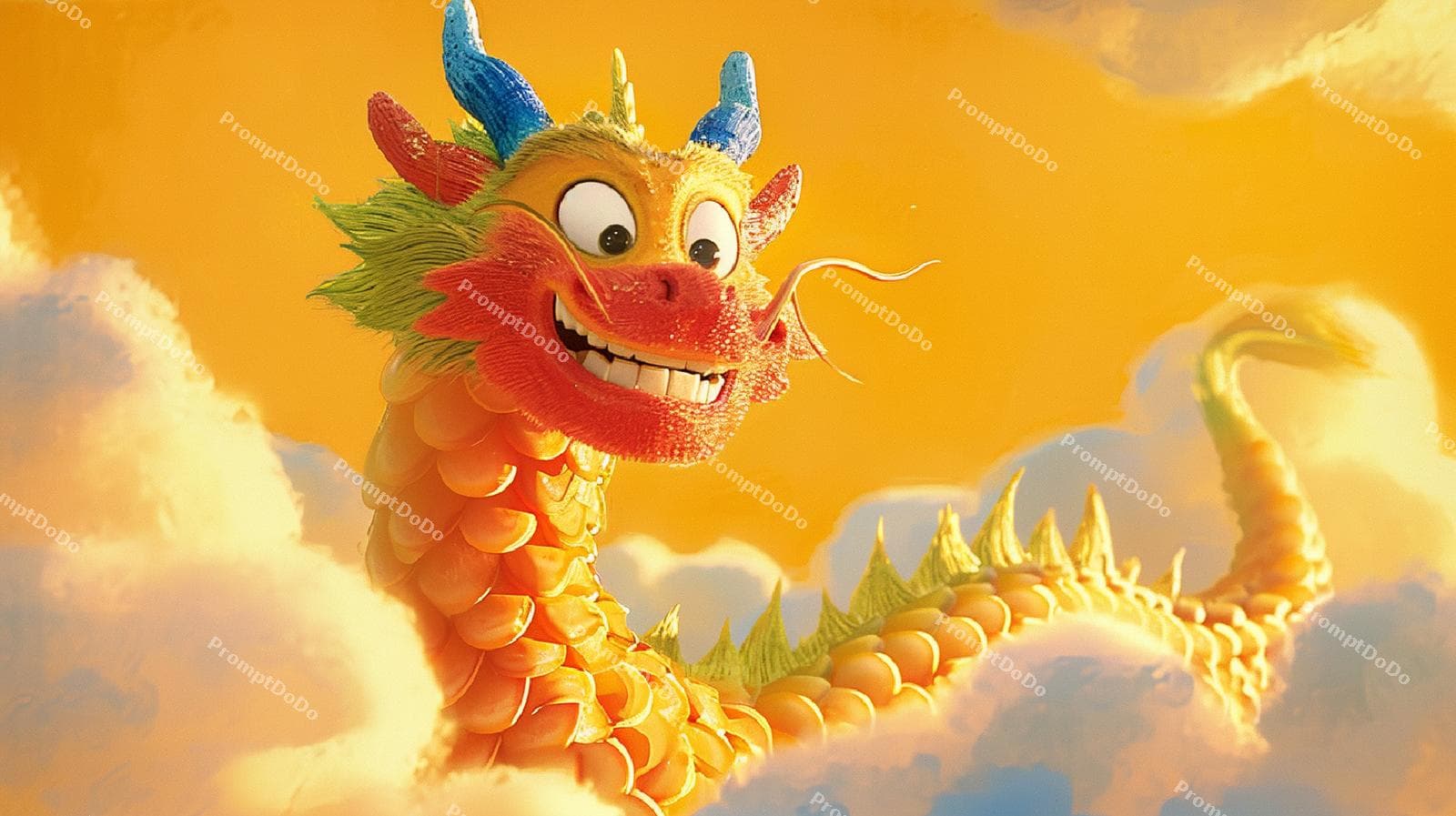 AI generated: A playful Chinese dragon, golden yellow in color, with curious sparkling eyes, a contagious grin, an...