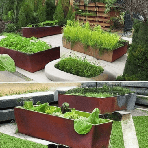 AI generated: Design a garden made with iron and wood pots where you can grow lettuce and tomatoes with a futurist...