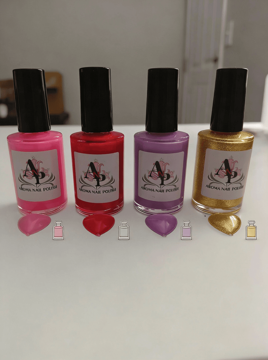 AI generated: Aroma nail polish comes in bright and pretty colors like pink red lavender and gold. 