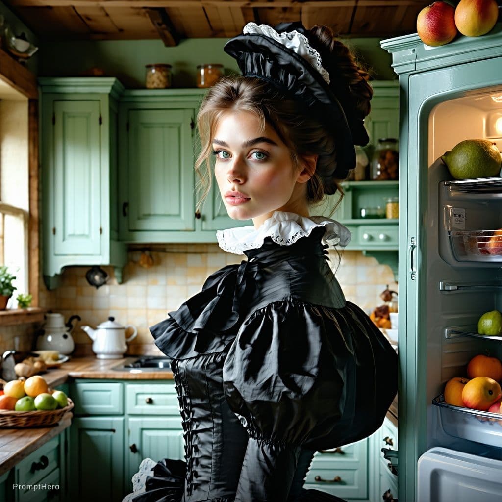AI generated: victorian woman, victorian outfit, detailed face, close-up, antique kitchen setting with rustic furn...