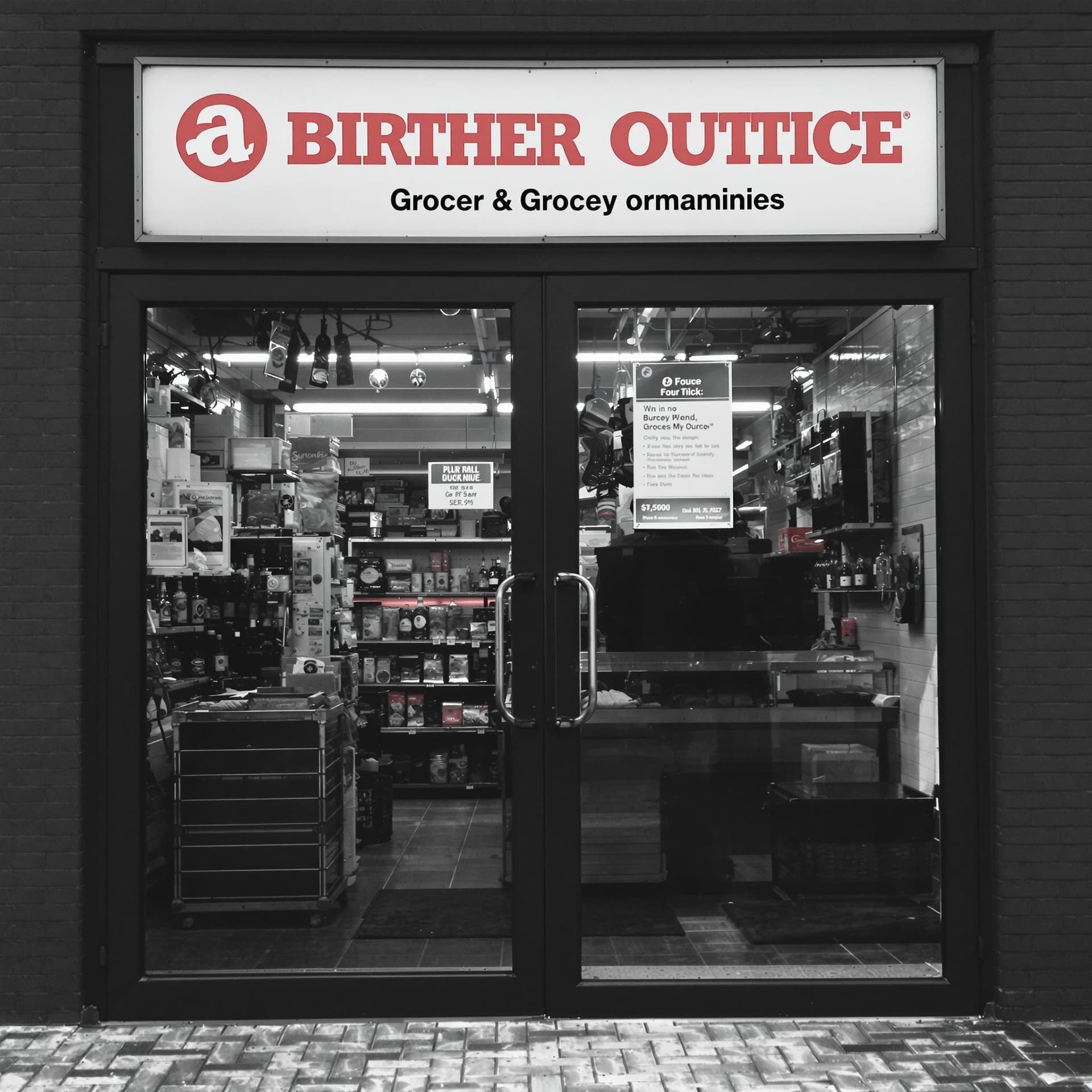 AI generated: The photo shows the front door to a small grocery store without signs.