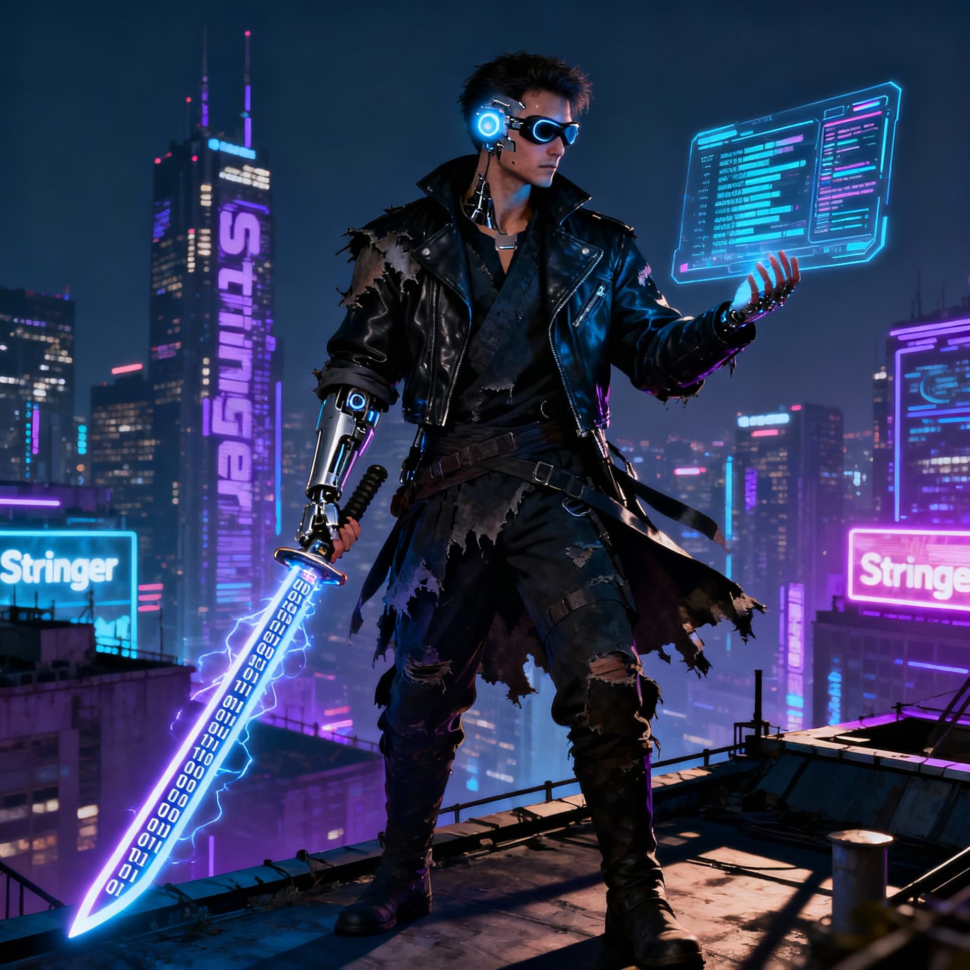 AI generated: Crazy Cyberjockey, lLast of the freelance hackers, greatest sword fighter in the world, Stringer, Ce...