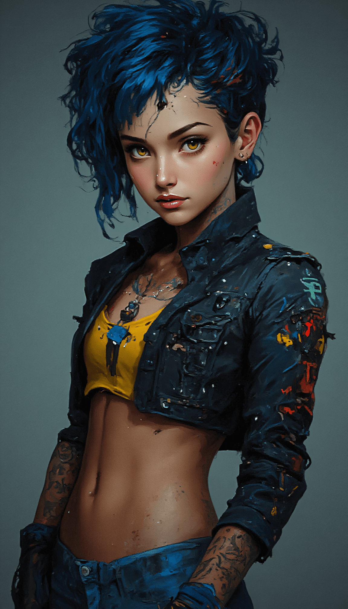 AI generated: A vibrant cyberpunk woman with wild blue hair and striking yellow eyes, wearing a black leather jack...