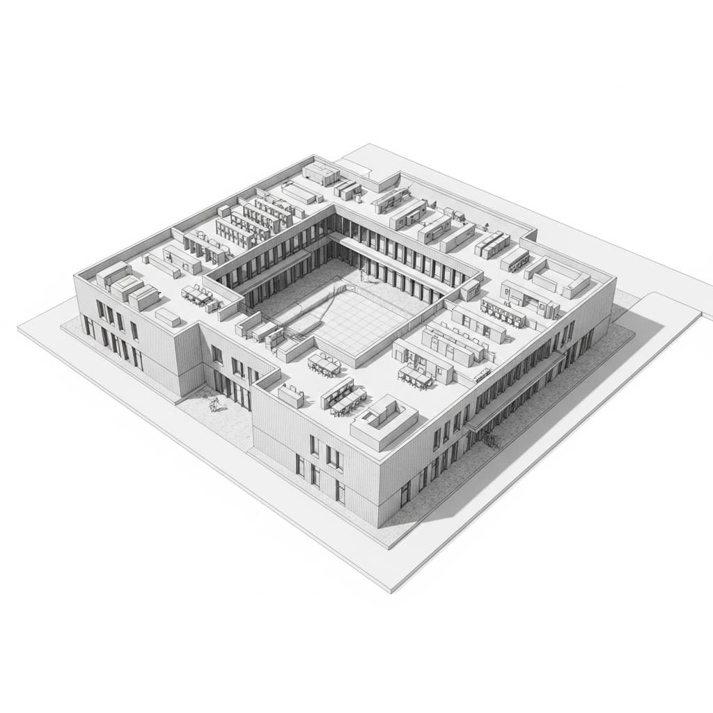 AI generated: A minimalist architectural model of a modern educational school complex  forms a U-shape open at the...