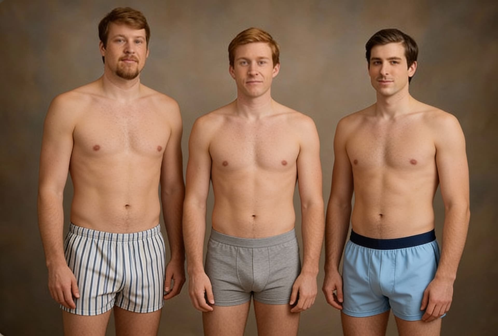 AI generated: These men standing up (full head to feet) in just boxershorts (one pair stripes, one pair grey, one ...