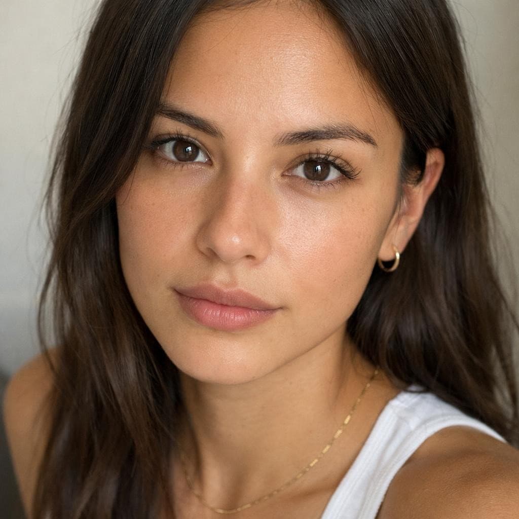 AI generated: ultra realistic young woman, 23 years old, natural beauty, oval face, almond-shaped dark brown eyes,...