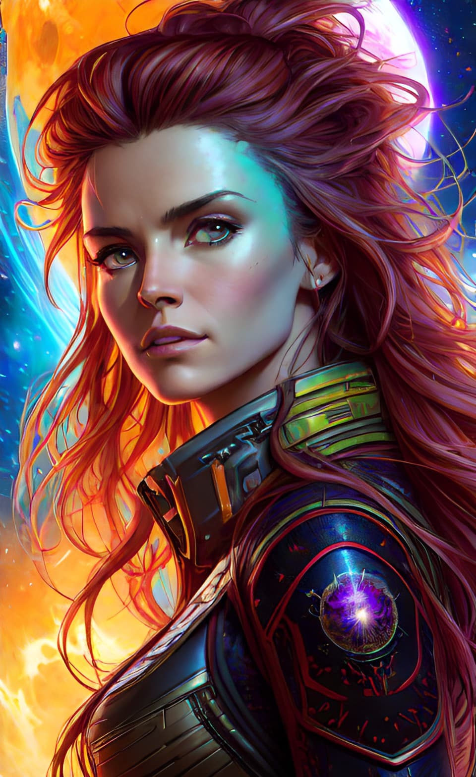 AI generated: A classic retro action style sci-fi portrait female character, elegant attractive, with long red mes...