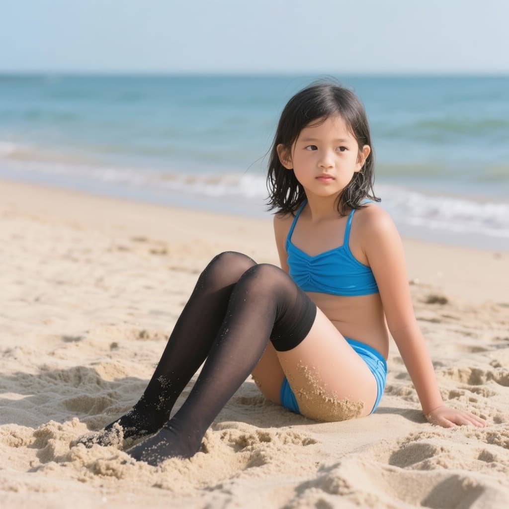 AI generated: High resolution photography of young girl in blue swimsuit on the beach. Sitting in the sand with bl...