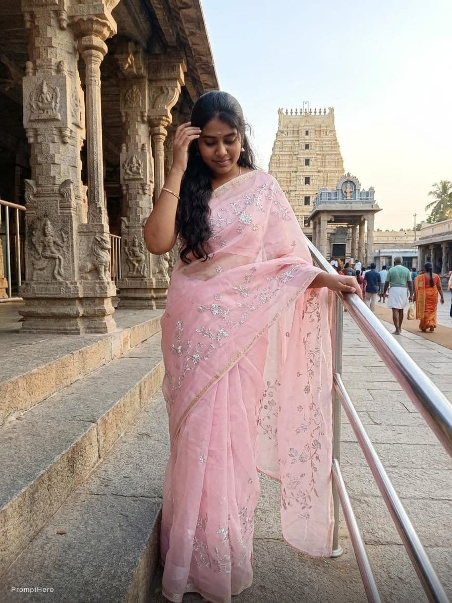 AI generated: change the saree colour into baby pink organza and change the background into temple and Dont change...