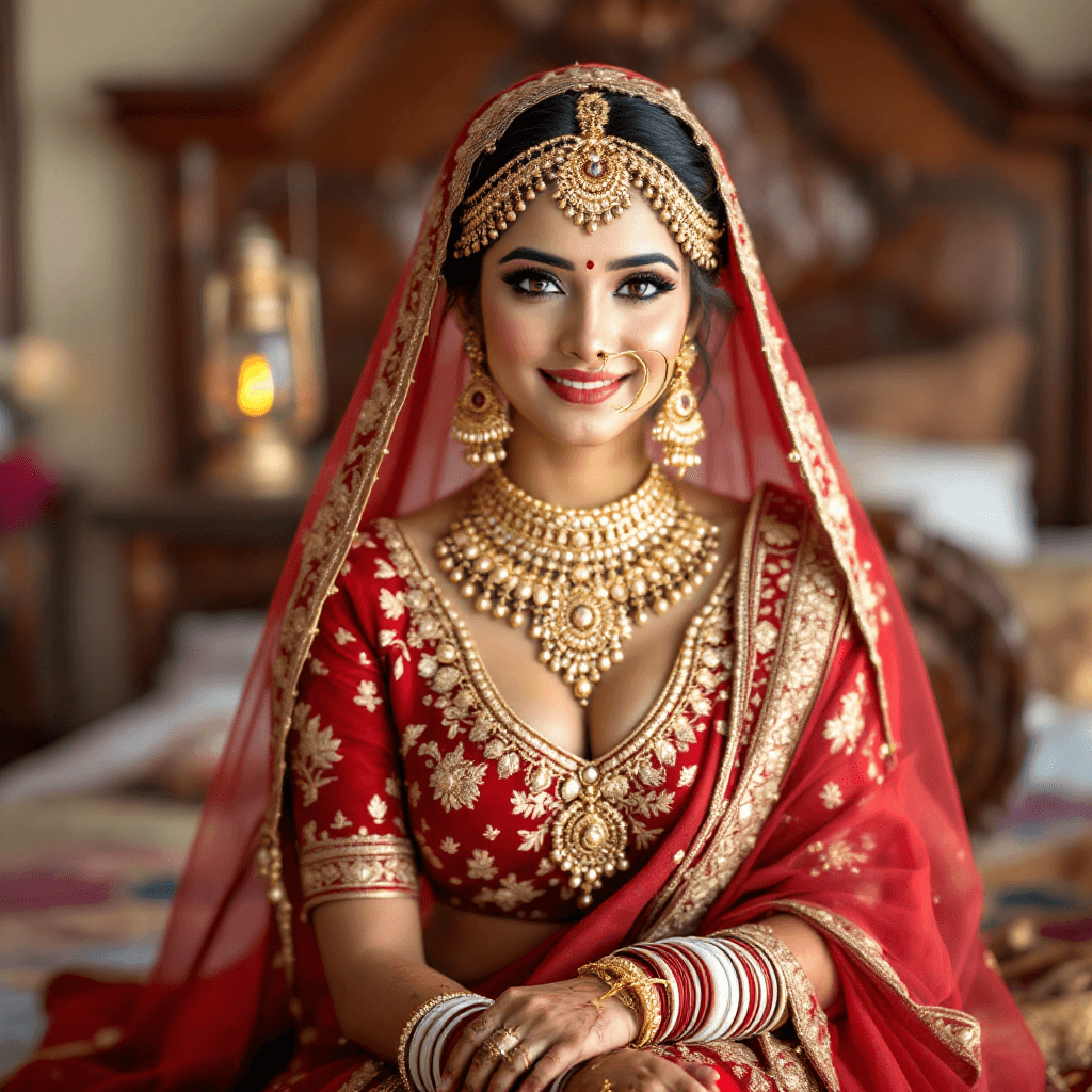 AI generated: A beautiful traditional Indian bride sits indoors, wearing an elegant deep red saree richly embroide...