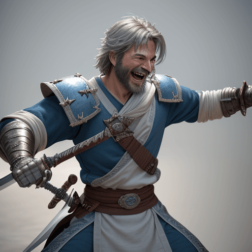 AI generated: character portrait of a grizzled swordsman in the middle of a fight, laughing swashbuckler, wielding...