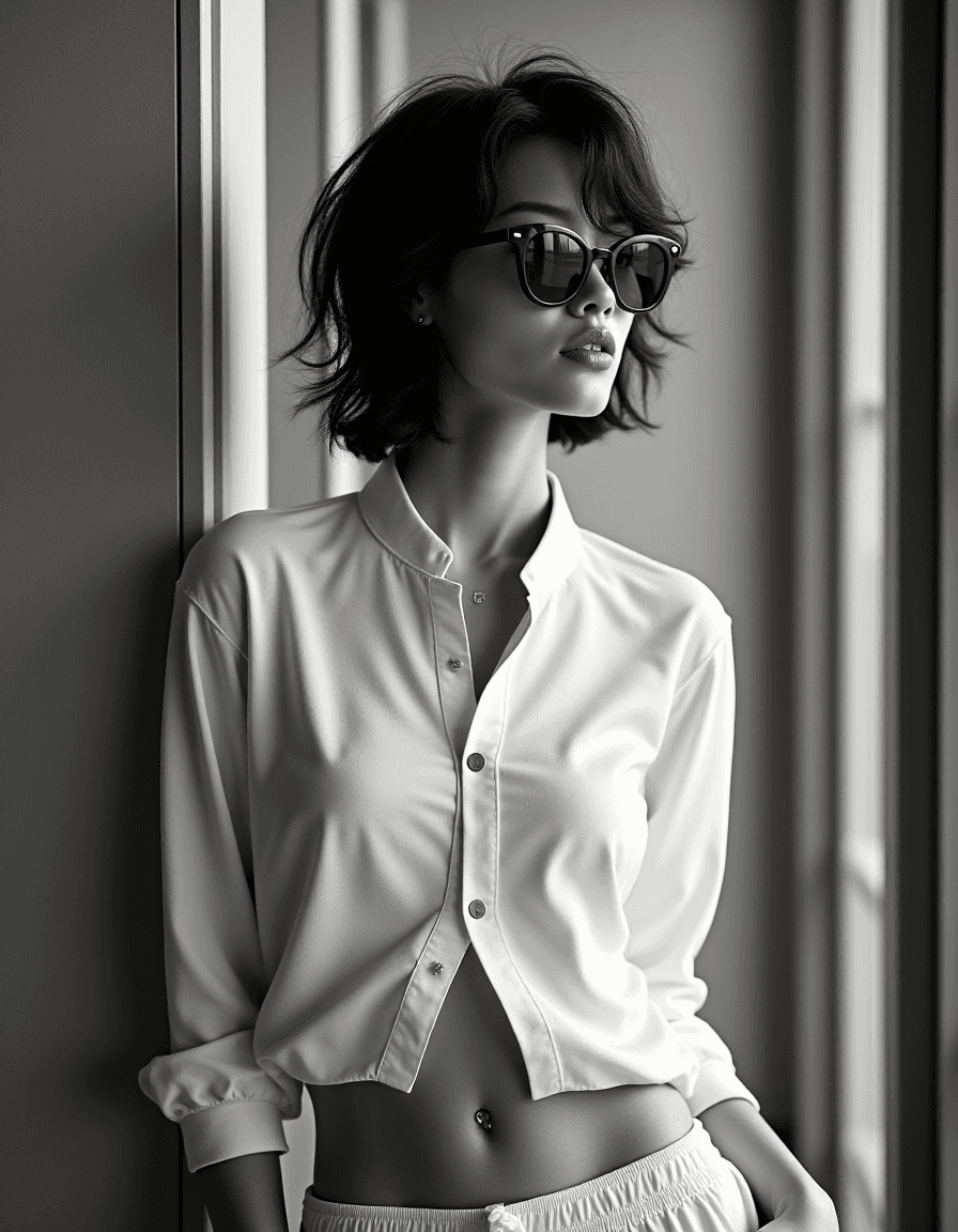 AI generated: monochrome High fashion black and white upper body photo of a slim, small breast, flat chest, abs, y...