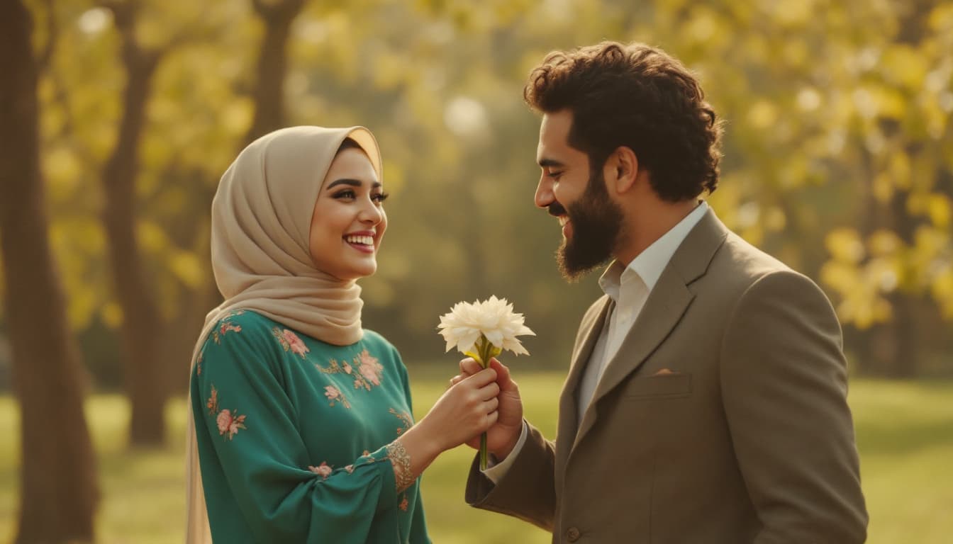 AI generated: Shot 5: Flashback (Quick cut) - Wide shot of Sam and Nesim laughing in a park, warm tones, she hands...