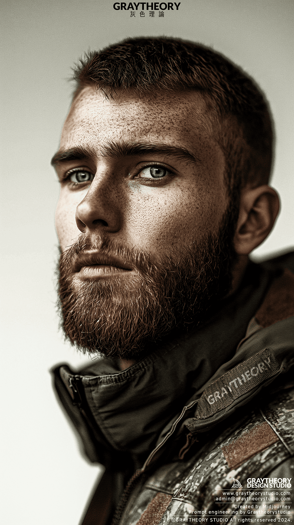 AI generated: Photograph, man, model, minimalist millitary, a light brown cut hair, beard, gaze, solid white envir...