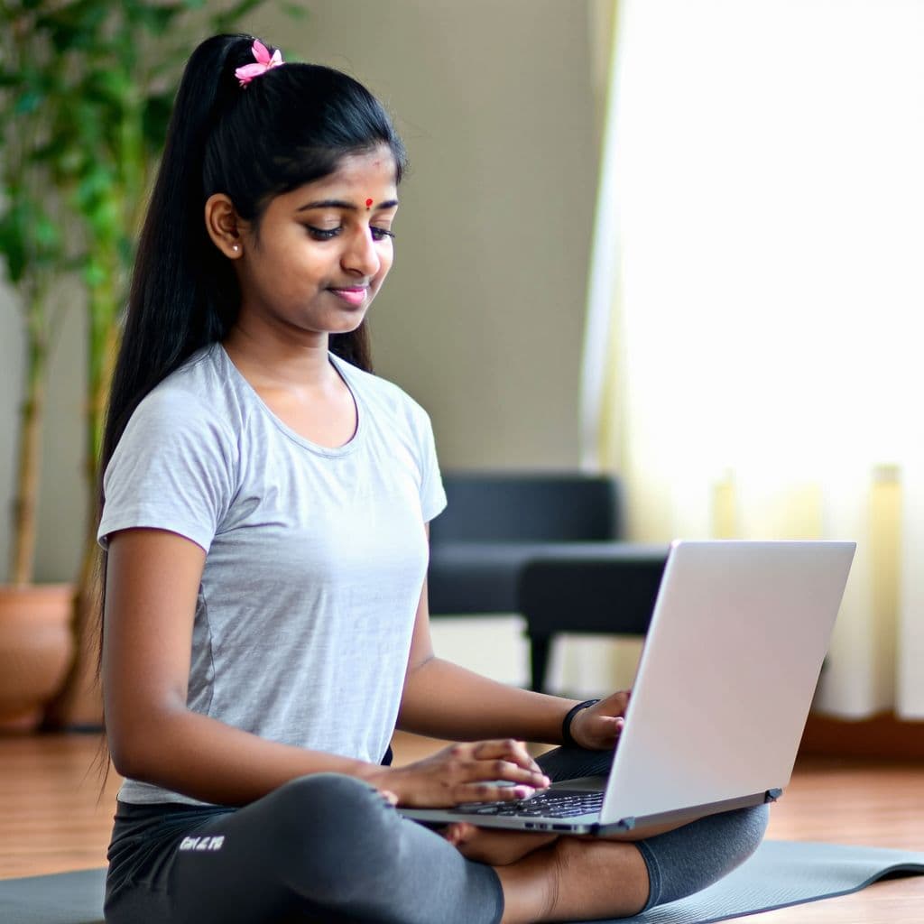 AI generated: 24 Years Young Indian woman looking laptop practice yoga online course at home to meditation comfort...