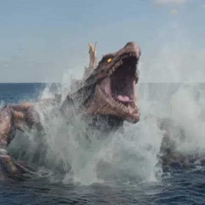 AI generated video: An immense kaiju with chitinous plates, a dorsal fin erupting from its spine, and a hundred-meter-lo...