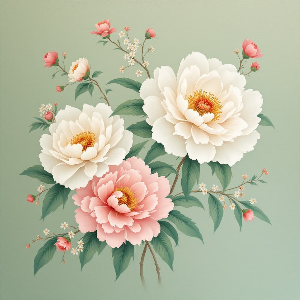 AI generated: Beautiful Chinese peonies decorate the soft light green canvas
