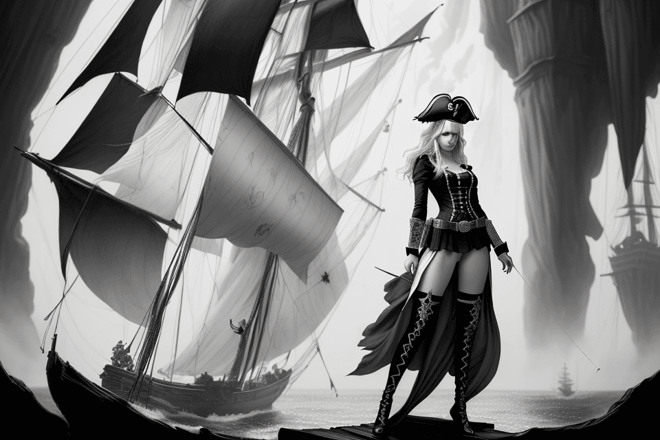 AI generated: full body, young female pirate (blonde, ), , manga, comic book, black and white, pencil sketch, deta...