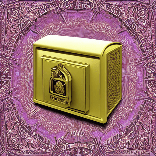 AI generated: Generate a 3D image of a book-shaped safe, completely covered in gold with an intricate and futurist...
